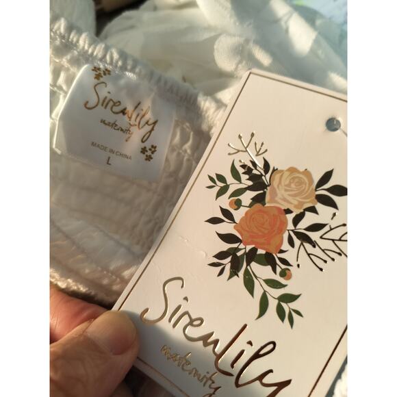 3415)Siren Lily Sleeveless White Smocked Floral Baby Doll Maternity Dress Large - Picture 6 of 8